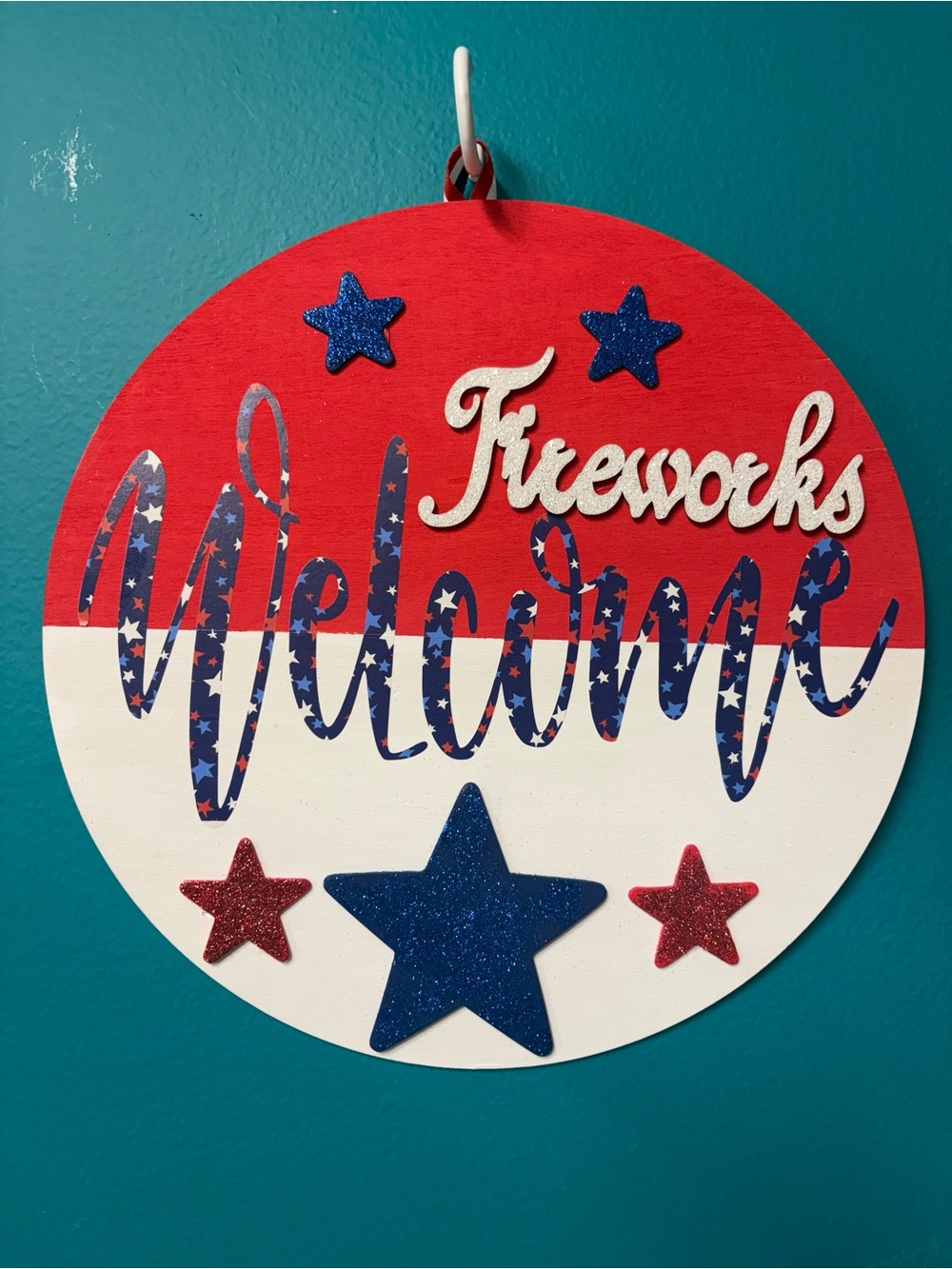 Patriotic Red, White & Blue 'Fireworks Welcome' 12” Holiday Wall Sign